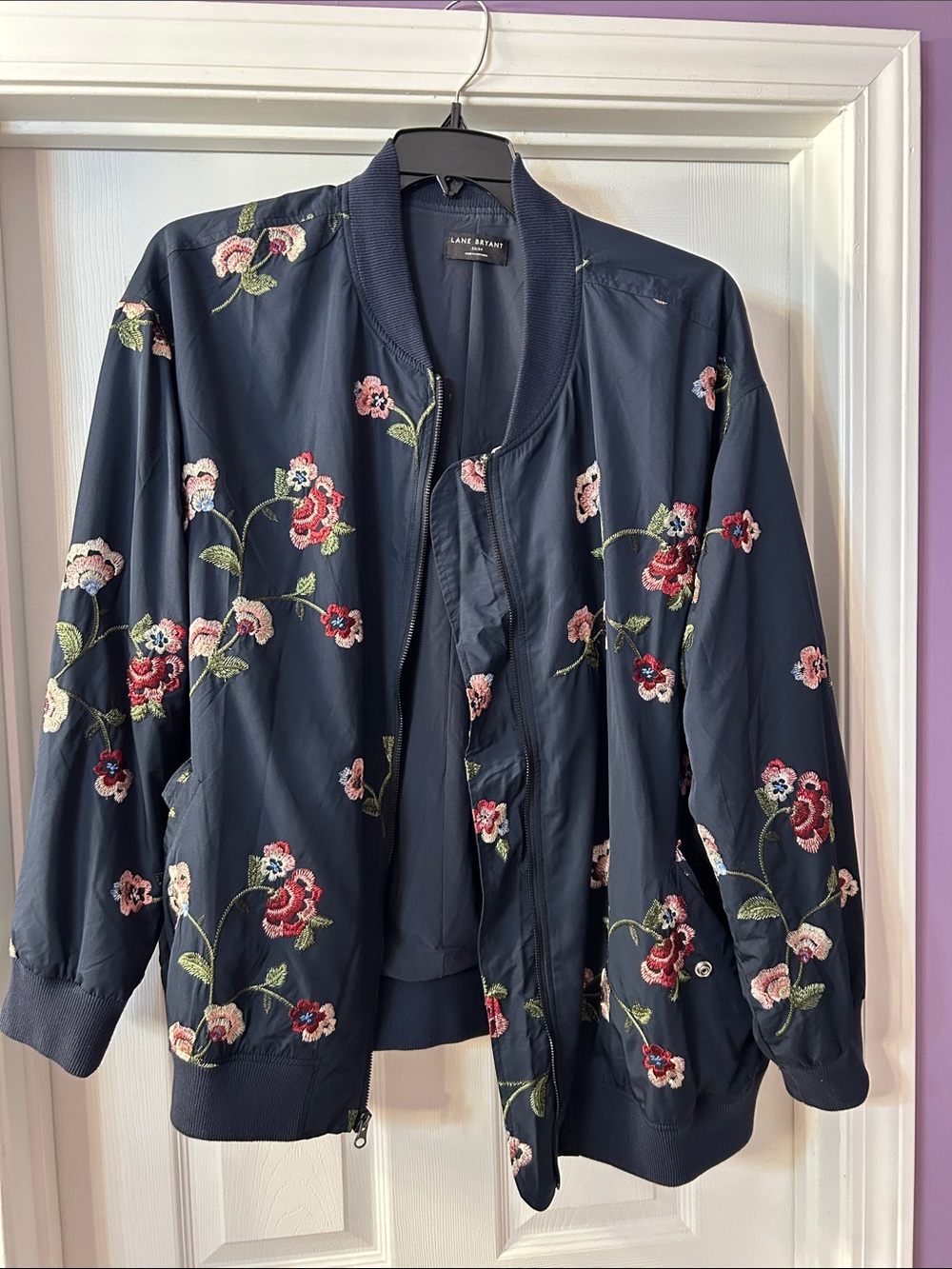 Lane Bryant Navy Floral Embroidered Bomber Jacket with Pink & Red Blooms